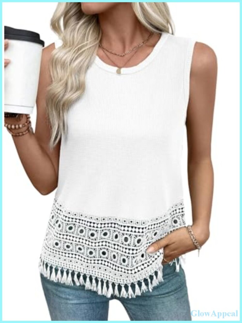 Waffle Knit Crochet Lace Tank Top Boho Sleeveless Summer Casual Women's